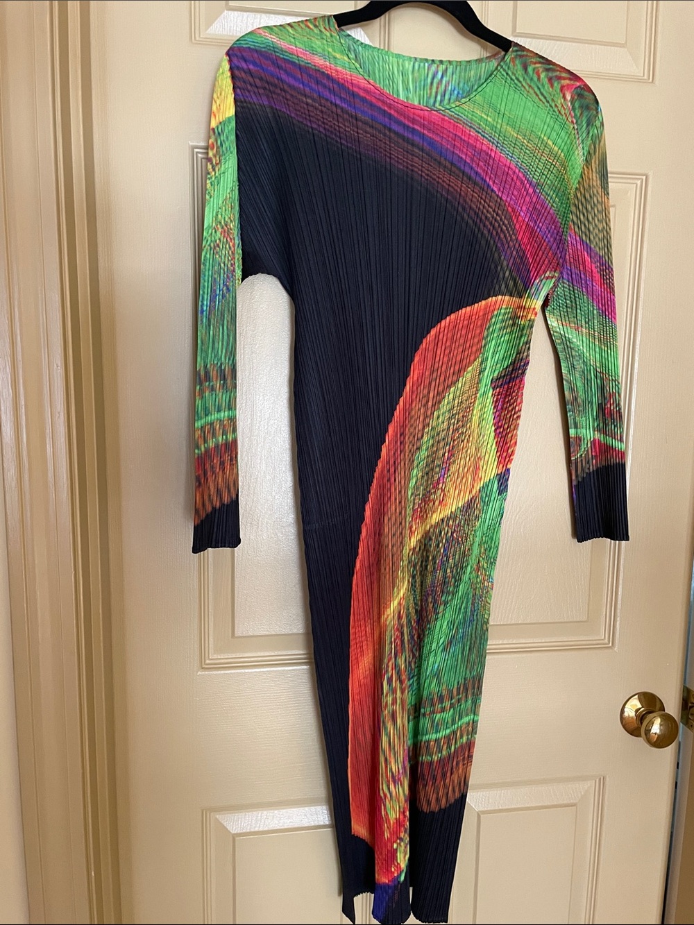 Issey Miyake Multicolor Pleated Long Sleeve Dress in Black, Green, Orange New